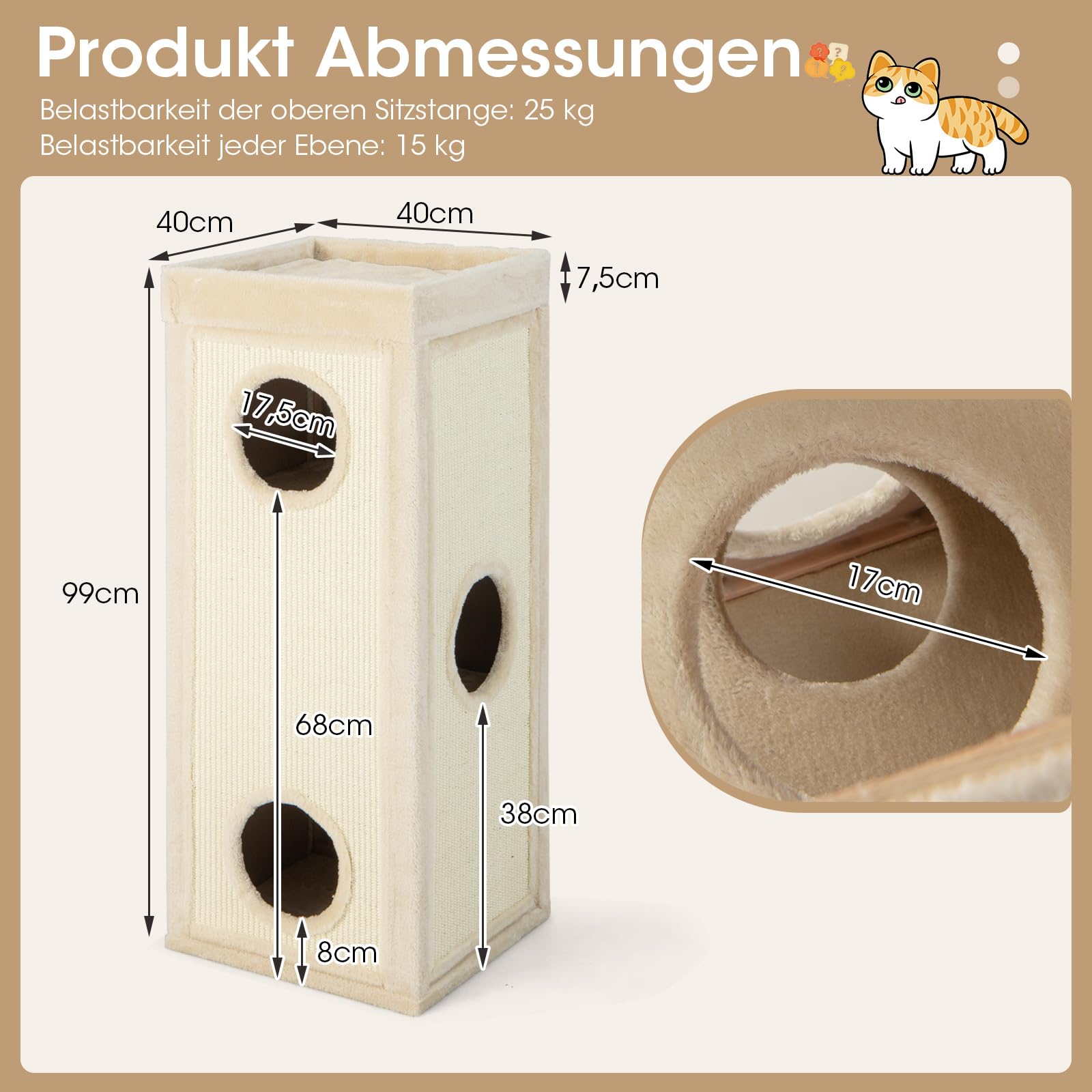 COSTWAY 4-stöckige Kratztonne Katzentonne, Kratzbaum mit Kratzbrett, 3 Höhlen & Kissen, Spieltonne für Katzen bis 25 kg, Katzenkratzbaum Katzenhaus Katzenmöbel, 40 x 40 x 99 cm (Beige)