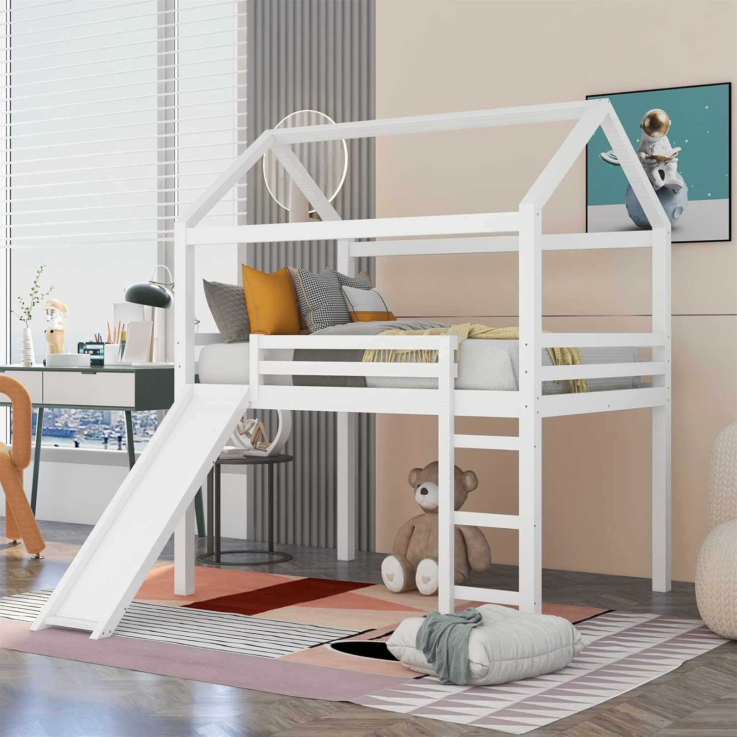 Harper & Bright Designs Full Loft Beds with Slide Wood House Loft Bed Frame Playhouse Bed for Kids Girls/Boys, Full Size, White