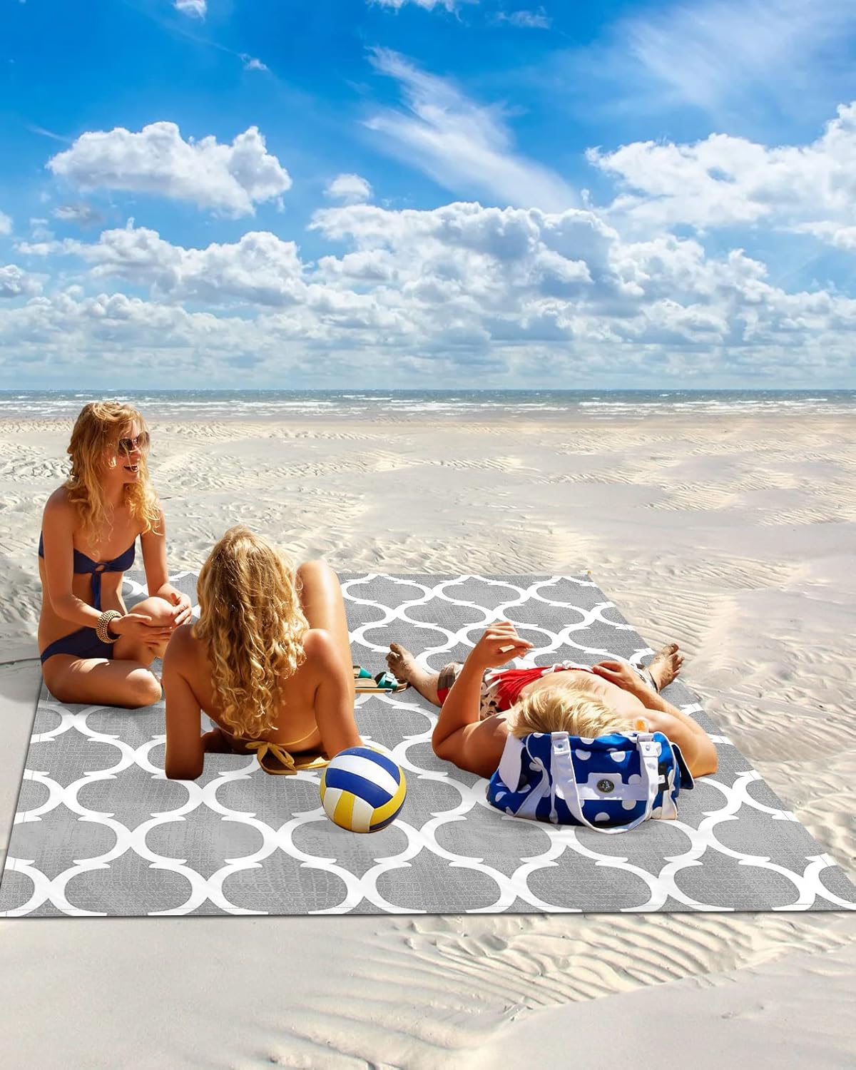 Grey Moroccan Beach Blanket Waterproof Sandproof Outdoor Picnic Mat 108"x84" Geometric Morocco Plaid Print Lightweight Large Beaach Blankets with 4 Stake & 4 Corner Pockets