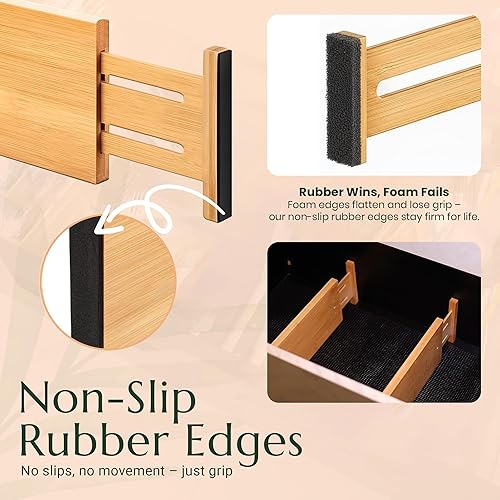 Miniatura 2 de Divisor de cajones de bambú ajustable para ropa, organizadores de cajones con bordes de goma y forro, paquete de 6 soluciones de almacenamiento