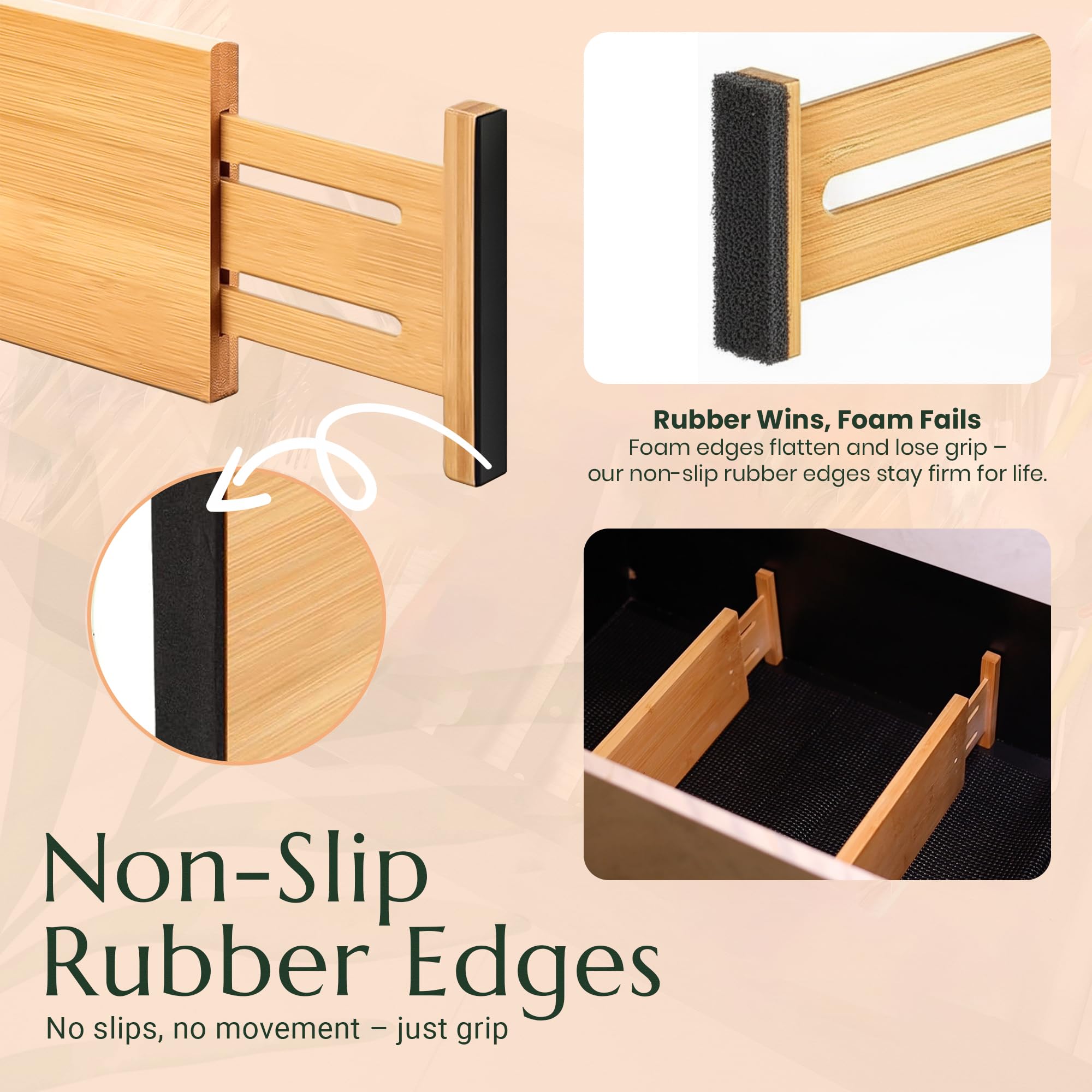 6PCS Bamboo Drawer Dividers With Inserts | Expandable 16.6-22" Kitchen & Closet Organizer | Adjustable For Utensils, Underwear, Cosmetics - View #8