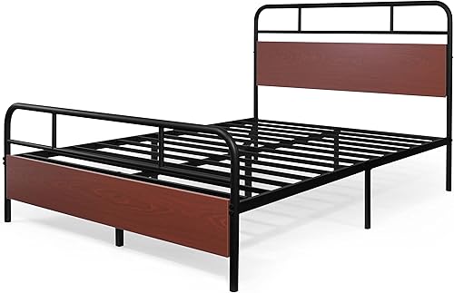 Miniatura 7 de CAPHAUS Marco de cama de metal de esquina redonda con cabecera y estribo de madera modernos base de colchón cama de plataforma de metal con marco de