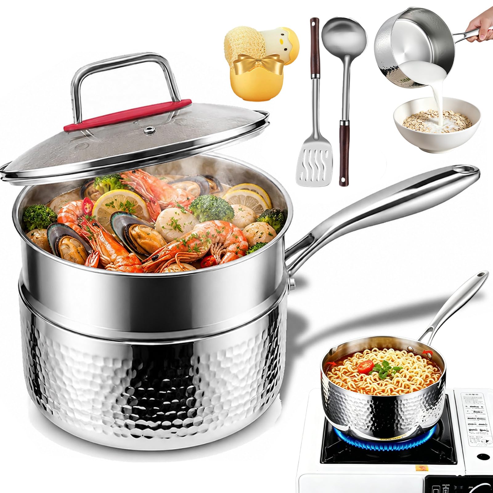 Pure Titanium Saucepan with Lid, 2026 Upgrade 1.5/2/3/4 Qt No Coating Non Stick Hammered Titanium Pan with Dual Pour Spouts, Fast Even Heating Sauce Pan for Cooking (with Steamer, 22cm)