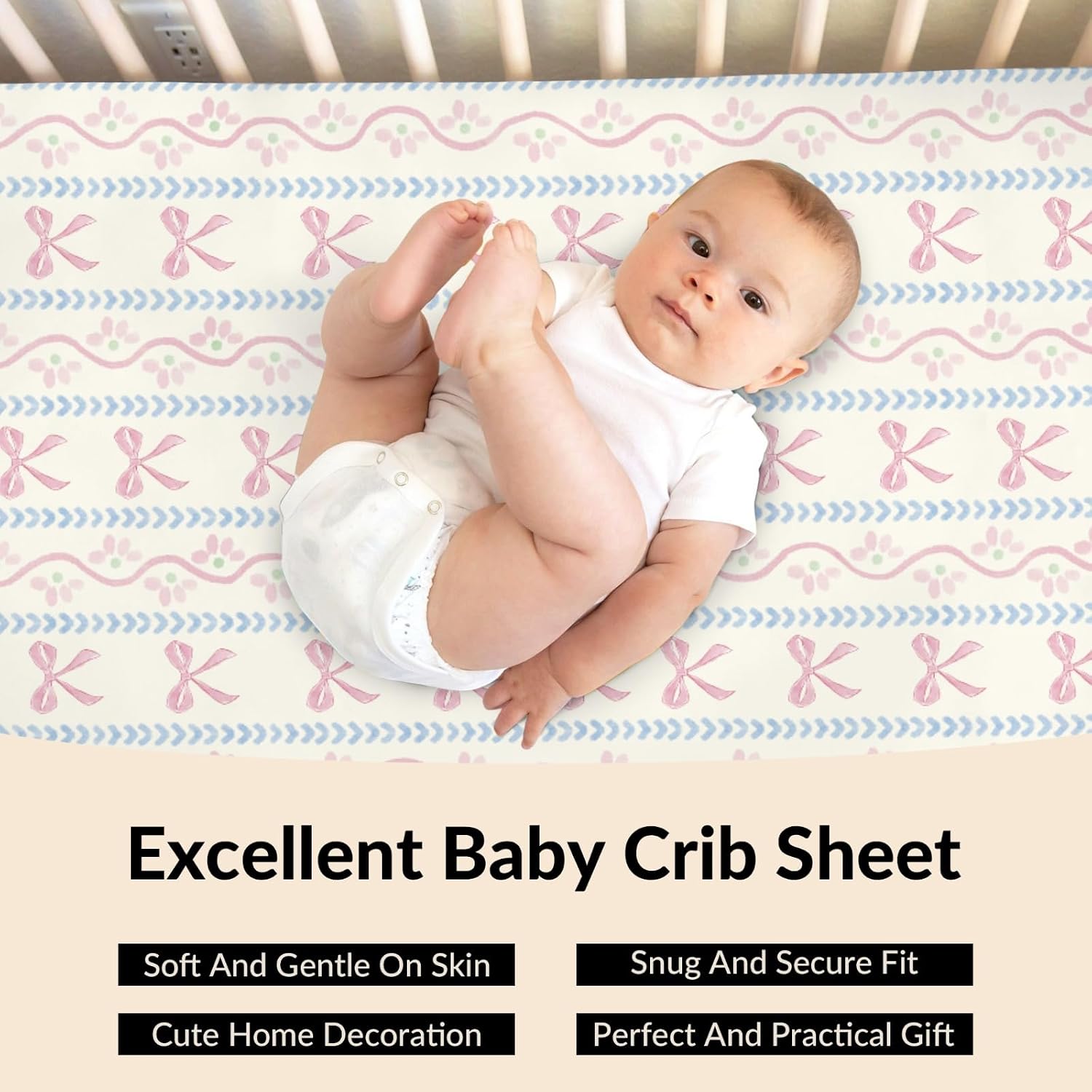 Pink Bows Boho Floral Baby Boys Girls Crib Sheets Cute Bows Flowers Striped Baby Sheet Pastel Girly Ribbons Fitted Crib Mattress Cover for Standard Crib Toddler Mattress 28"x52"