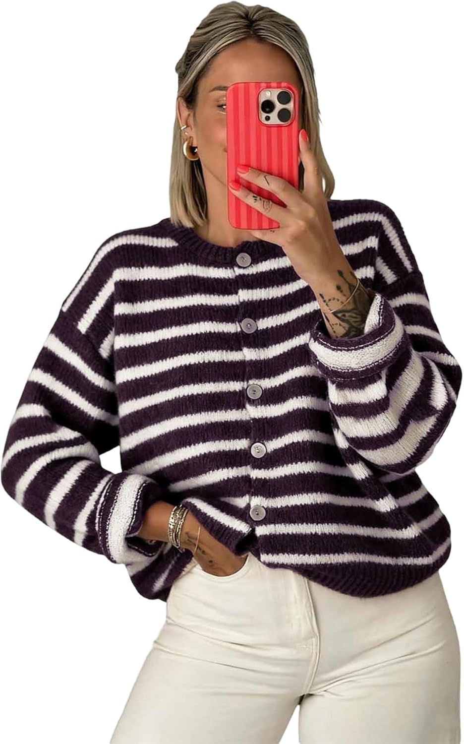 Milumia Women's Striped Button Up Cardigan Sweater Y2k Fall Long Sleeve Crewneck Oversized Sweater Top