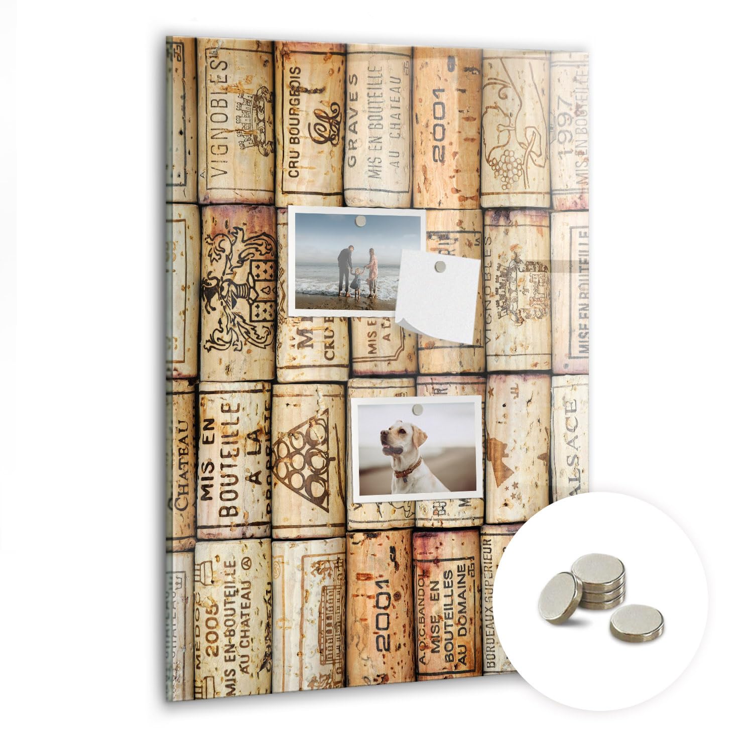 Tablero magnético de vidrio vertical | Incluye imanes fuertes | Perfecto para notas, fotos y planificación diaria | Diseño moderno - 40x60cm - Corchos de vino