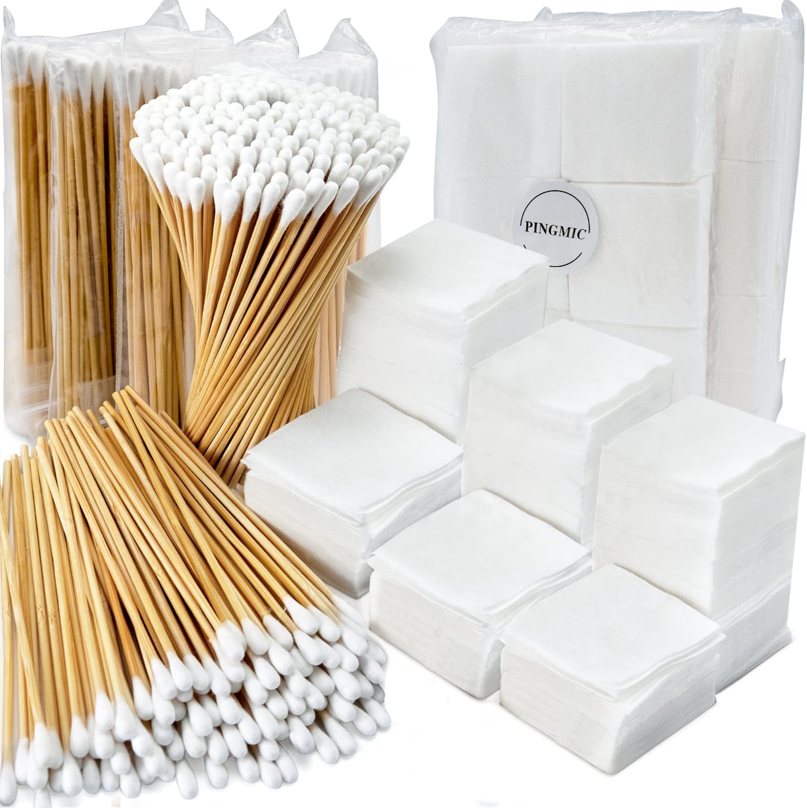 PINGMIC Gun Cleaning Supplies - 6" Long Cotton Swabs and 2"x2" Cleaning Patches for Firearms - Lint-Free, Highly Absorbent Cleaning Pads and Swab, Basic Kit Supplies Fit Most Calibers (1000/600 PCS)