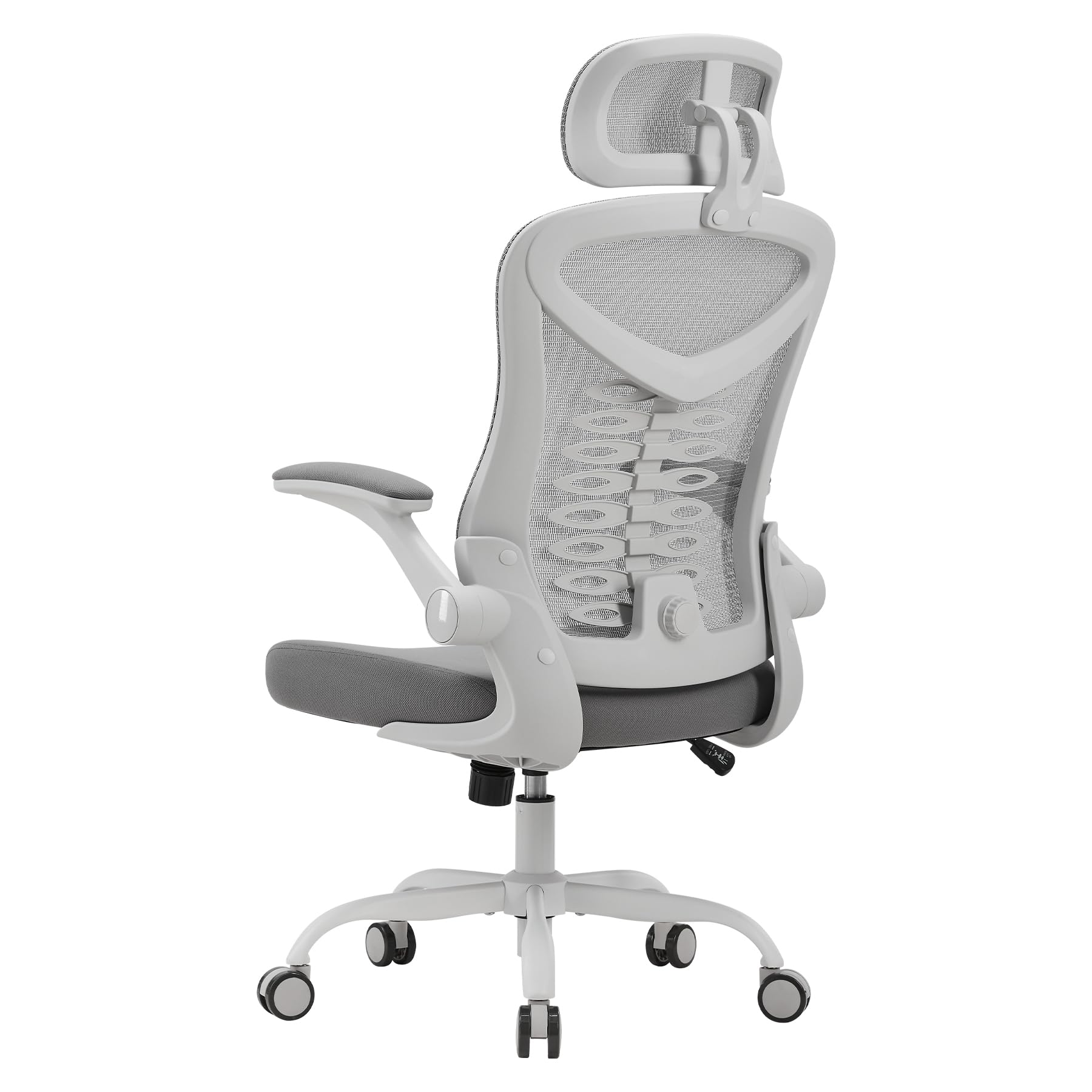 Office Chair, Adjustable Desk Chair with Flip-up Armrest, Rebound Seat Cushion, Breathable Mesh High Back, Comfortable Lumbar Support, Movable Headrest 360° Rotation, White