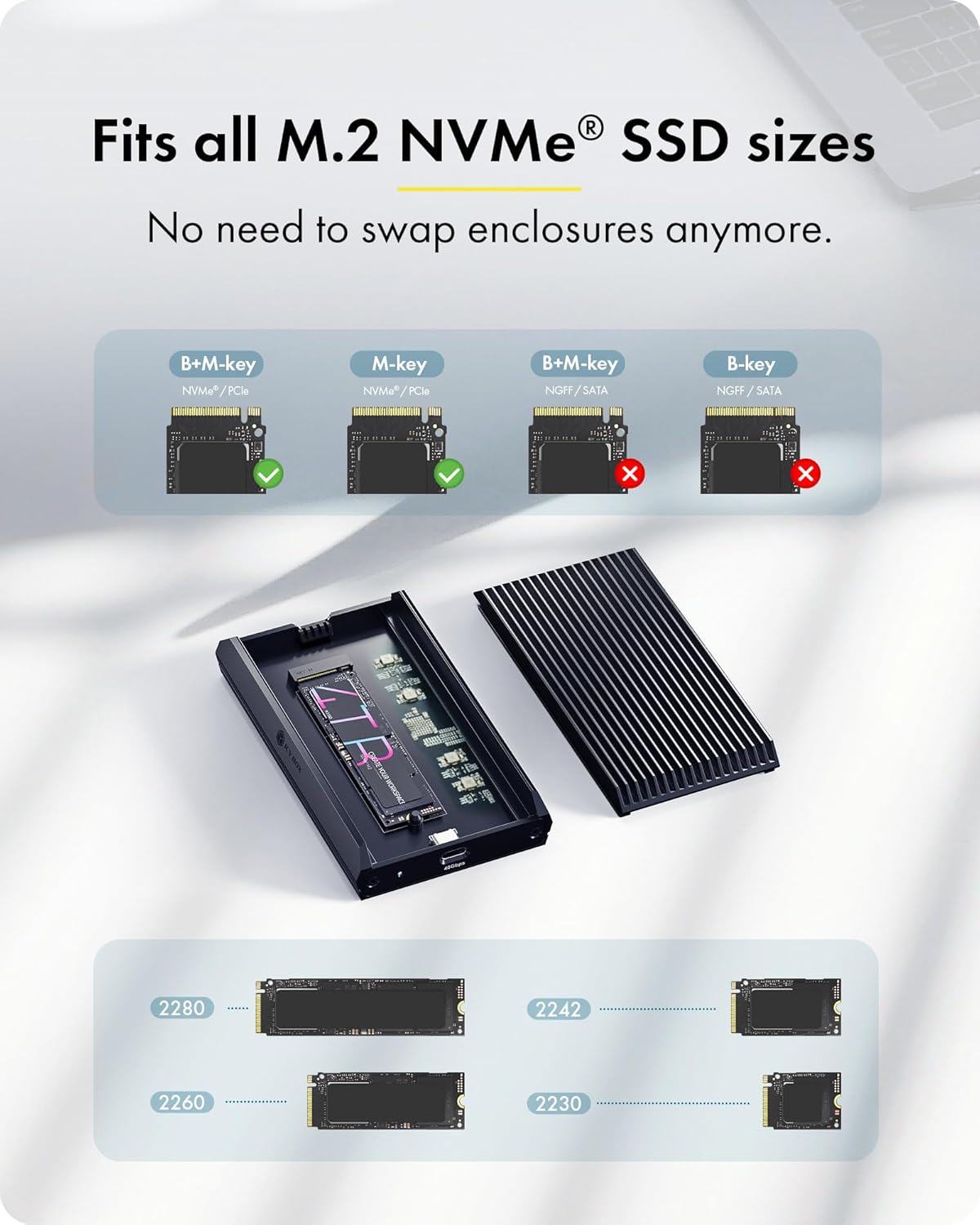 40Gbps M.2 NVMe SSD Enclosure, ICY BOX M.2 Enclosure Support SSD M/B+M Key Size 2280/2260/2242/2230 Compatible with Thunderbolt 4/3/USB4/3.2/3.1, Tool-Free Aluminum Thunderbolt 4 Enclosure - Image 4