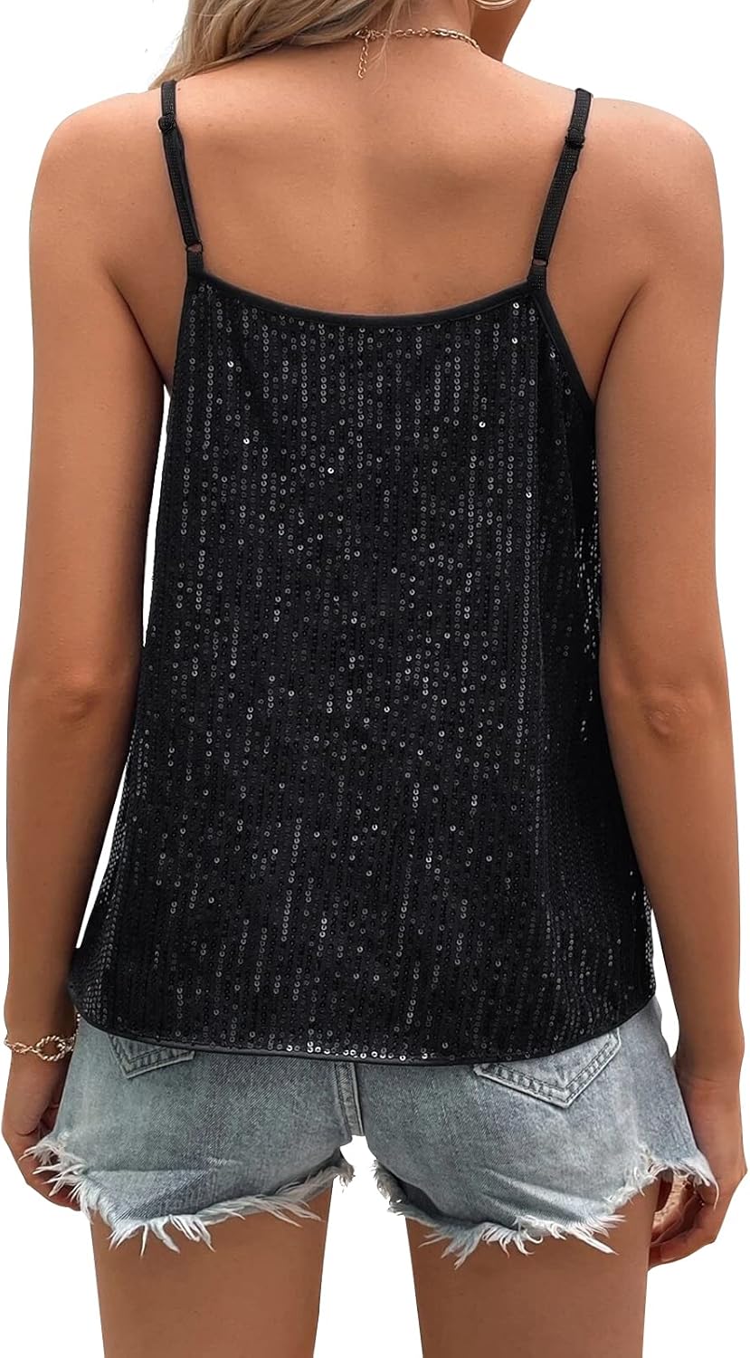 Womens Sequin Top V Neck Strappy Sparkle Camisole Glitter Sleeveless Tanks Tops - Image 3