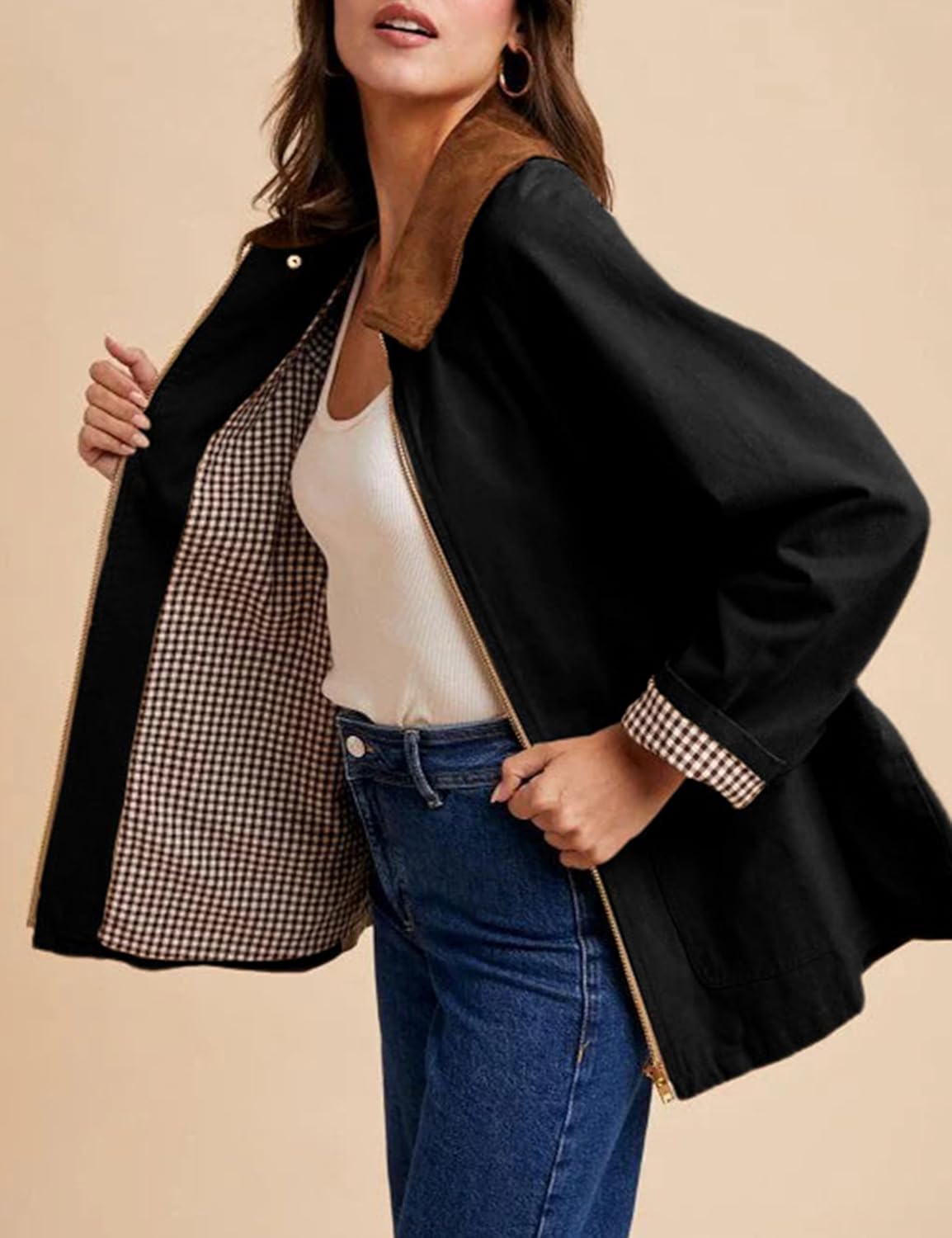 SCUSTY Women's Barn Jackets Fall Color Block Corduroy Collar Utility Coat Outerwear with Pockets - Image 4