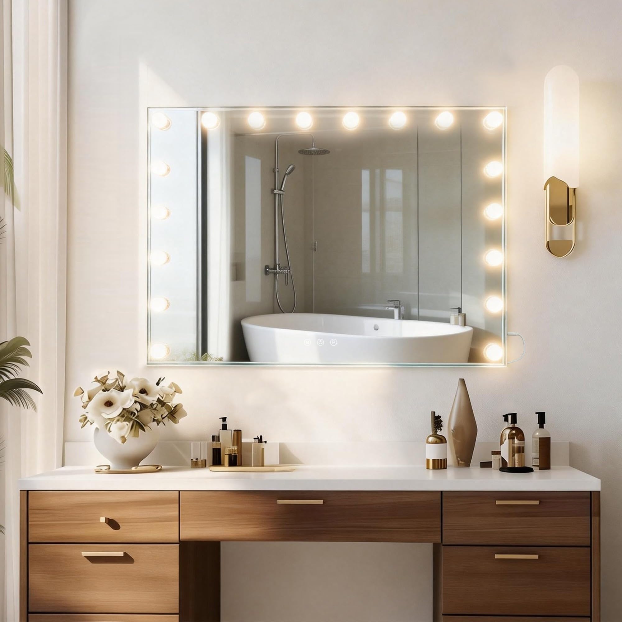 MIQU Espejo Maquillaje con Luz 80x60cm,Espejo Tocador Hollywood con 18 Bombillas LED,3 Modos de Luz,Intensidad Ajustable,con Puerto USB/Type-C,Aumento,Control Táctil,para Mesa o Pared