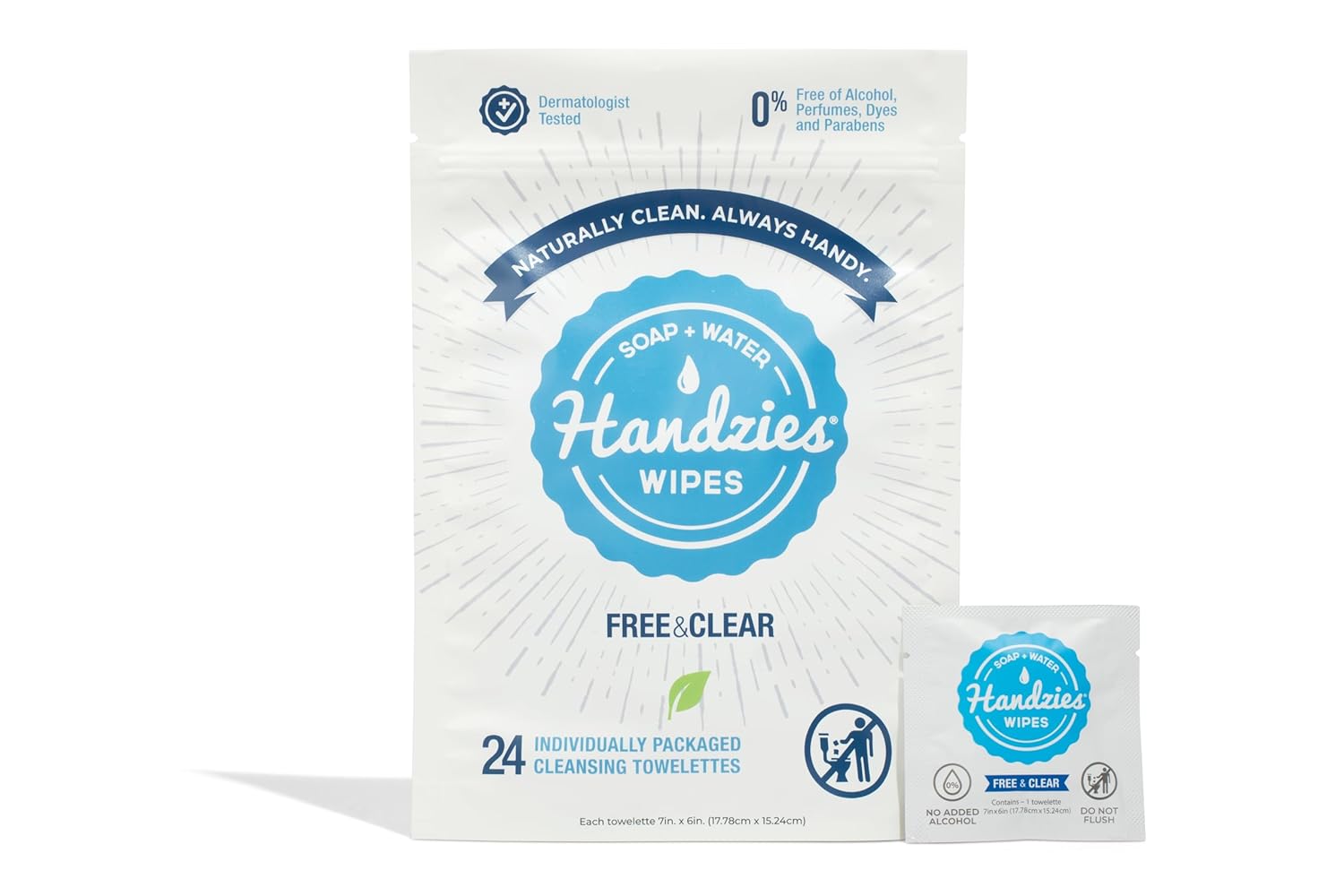 Handzies Natural Soap and Water Hand Wipes, Free and Clear, Individually Packaged Singles (100)