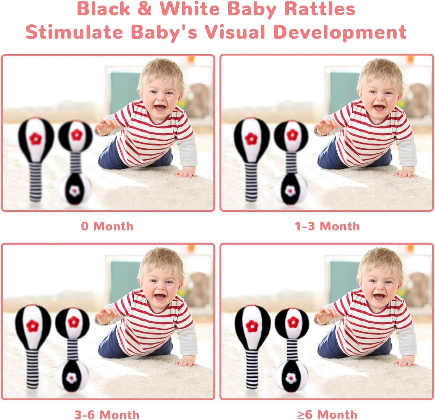 XIXILAND Car Seat Toys for Babies 0-6 Months Boy Girl Carseat Toys Hanging & Black and White High Contrast Baby Toys Baby Rattles 0-6 Months, Newborn Toys Infant Toys 0-6 Months
