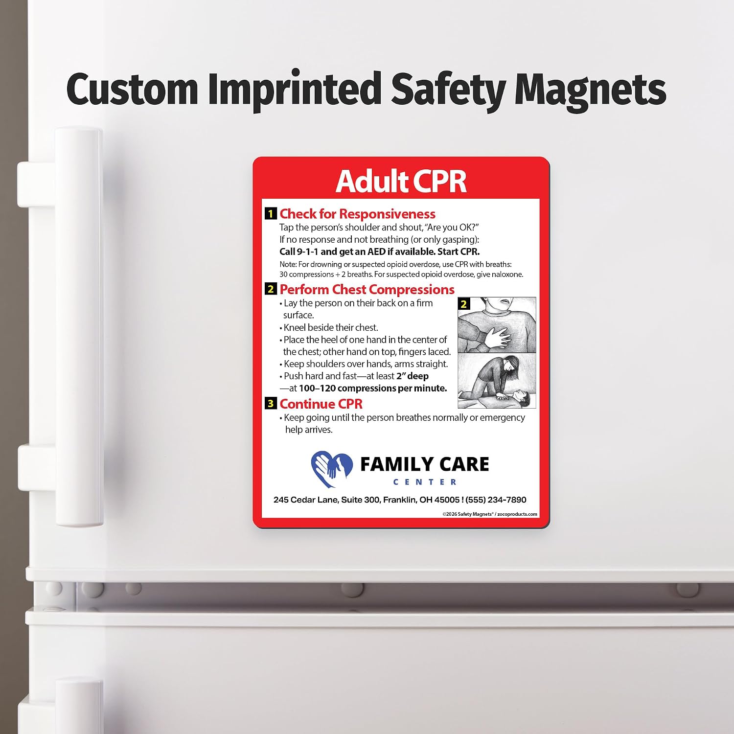 Safety Magnets by ZOCO – 100-Pack Custom Adult CPR Magnet – Personalized Promotional Handout for Hospitals, Fire Departments & Healthcare – 4" x 5"