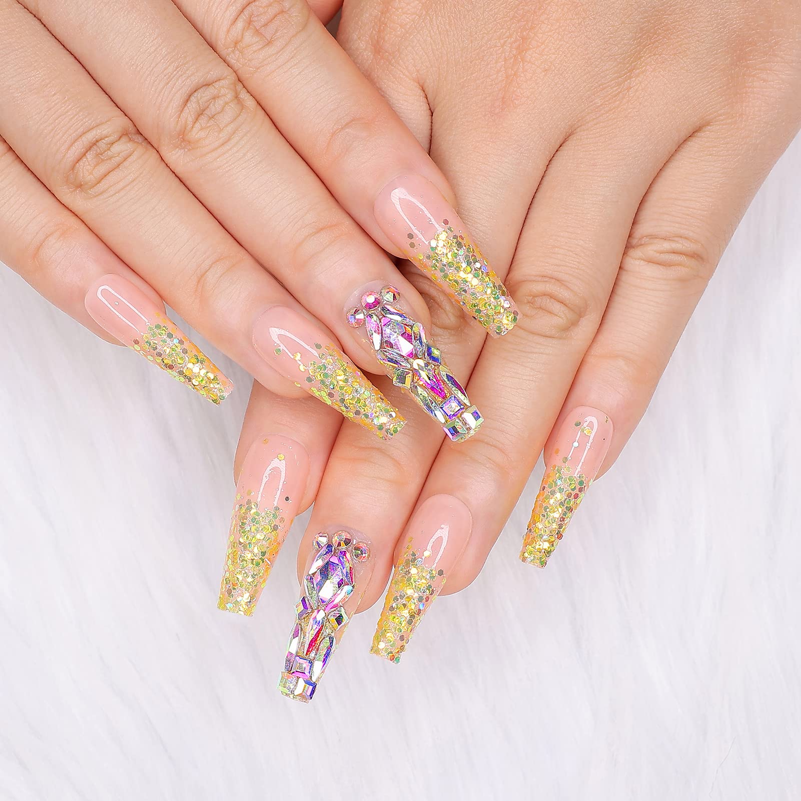 Artquee24pcs Gold Glitter Long Ballerina Press on Nails with Crystal Glossy False Nails Coffin Flash Fake Nail Tips Manicure for Women and Girls Including 2pcs 3D Rhinestones