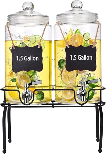 Juego de 2 dispensadores de bebidas de vidrio de 1.5 galones, dispensadores de bebidas para fiestas, Navidad, dispensador de bebidas con soporte y