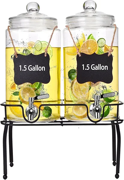 1.5 Gallon Glass Drink Dispenser Set of 2, Drink Dispensers for Parties, Beverage Dispenser with Stand and Glass Lid, 100% Leakproof Spigot, Ideal for Lemonade, Juice, Laundry Detergent Dispenser