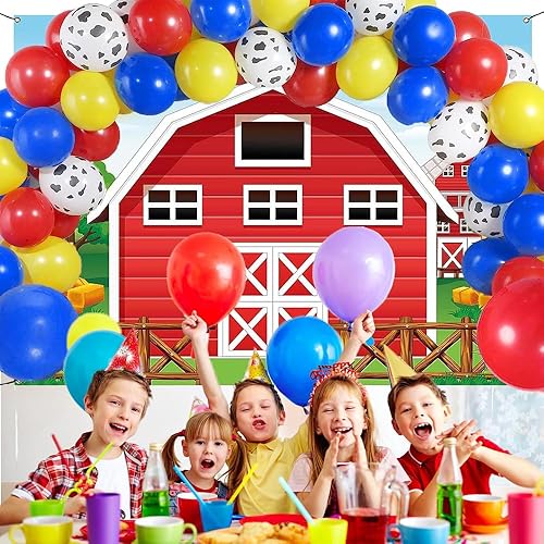 Miniatura 5 de Tela de fondo de fiesta de cumpleaños para niños, tela de fondo con temática de granja (fondo antiguo de almacén rojo de granja)