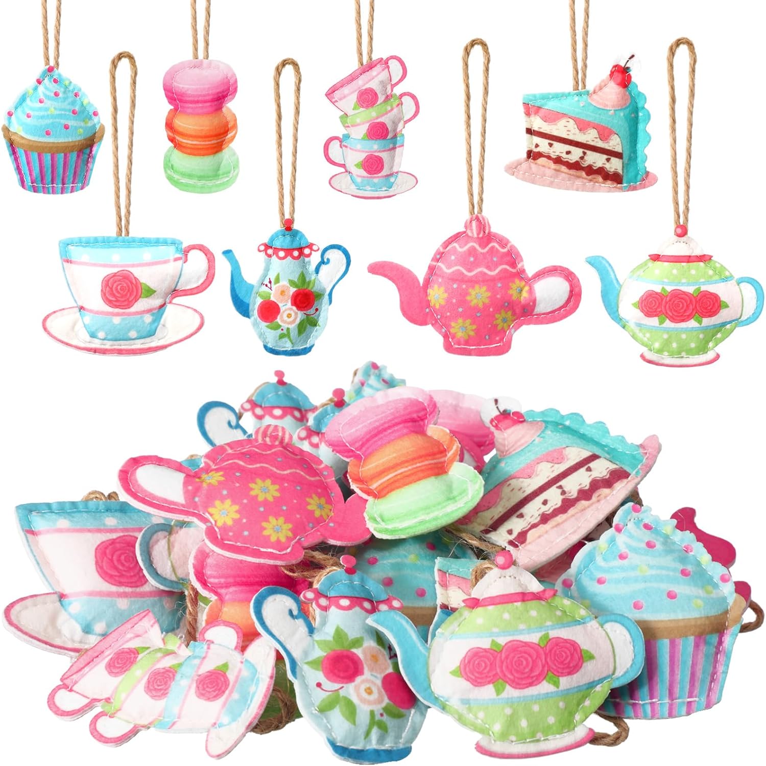 SmoothNovelty 24 Pcs Tea Party Decoration Felt Hanging Ornaments Spring Tea Time Hanging Decoration Teacup Cupcake Teapot Ceiling Decor for Mothers Day Wedding Princess Birthday Talking Party Favor