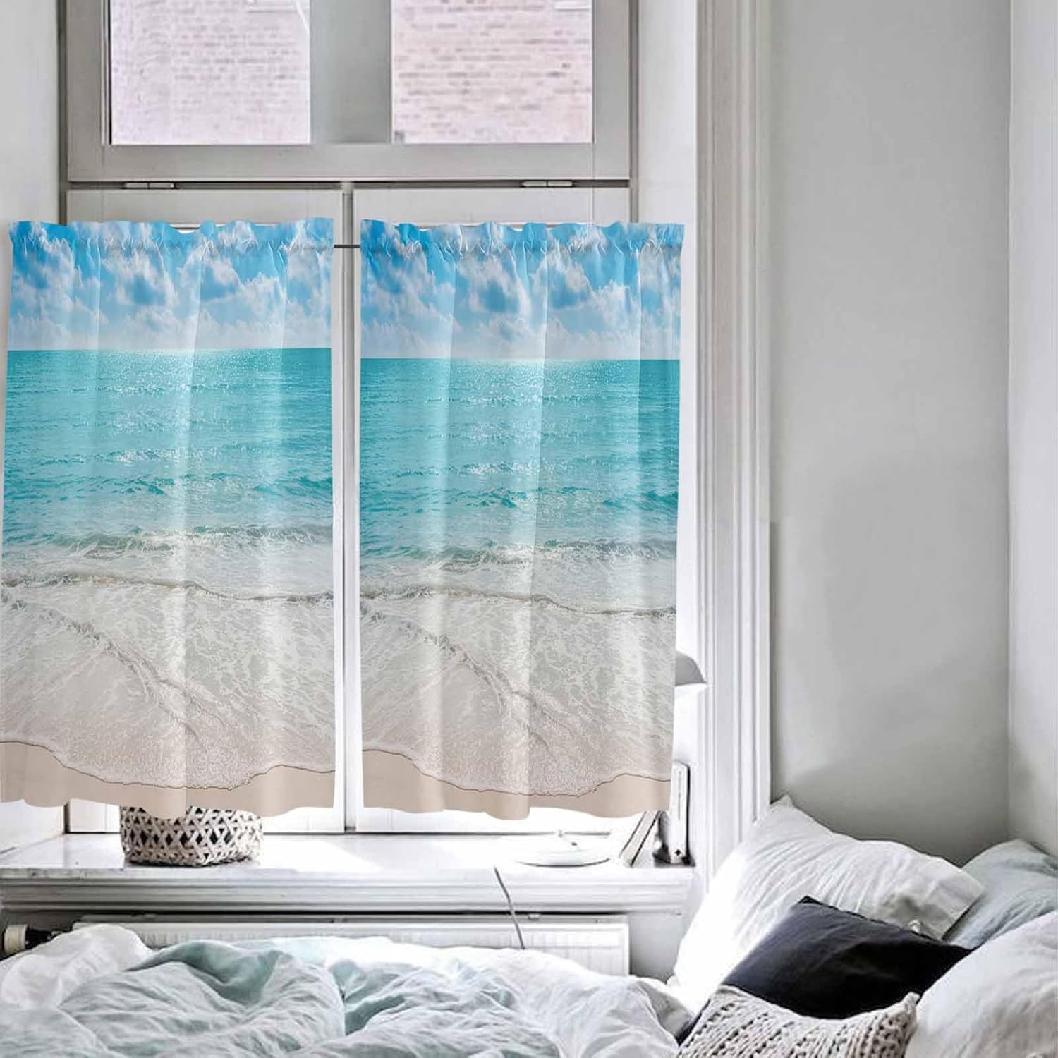 Ocean Beach Theme Kitchen Curtains for Bedrooml Living Room 54 Inch Length, Blue White Small Short Cafe Tiers Curtains Drape, 2 Panel Window Treatment Rod Pocket Drapery Panels Curtains 84x54
