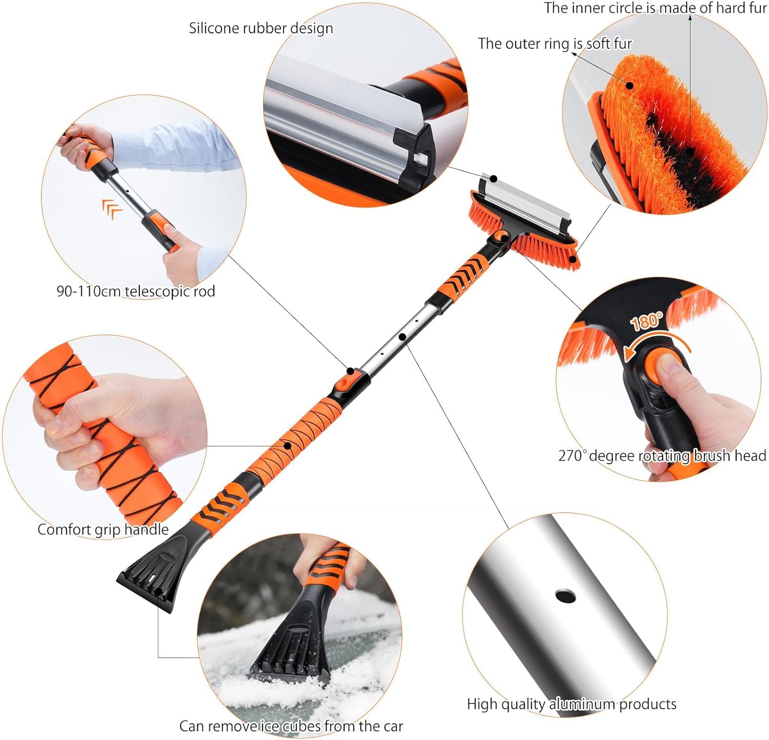 Direct 90-110CM Auto Ausziehbare Schneebesen,Reinigungsbürste Eiskratzer Schneebürste für Auto LKW SUV MPV Leichtes Haltbarkeit,mit Schaumstoffgriff and 180 ° Grad Bürstenkopf(orange Farbe)