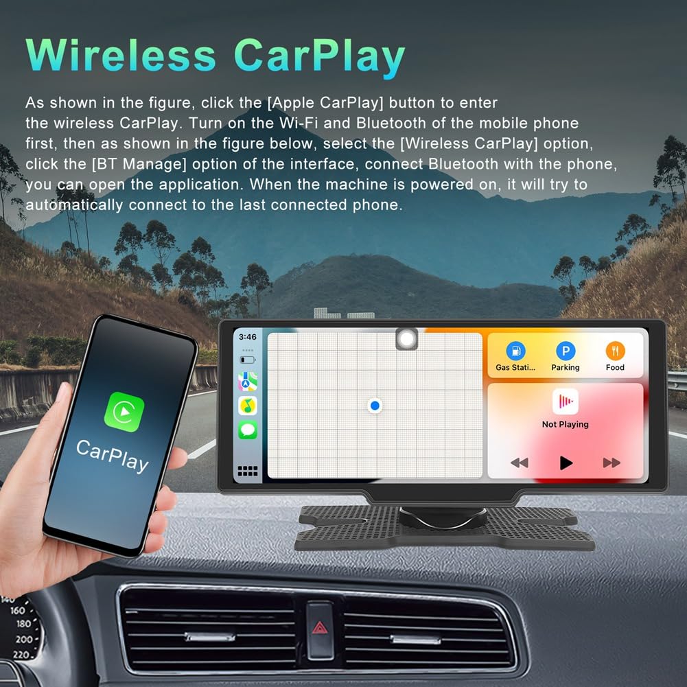 Monitor Auto 10,26 Pollici CarPlay Android Auto Schermo HD Bluetooth Trasmettitore FM Lettore Video