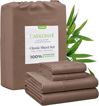Cariloha Classic 100% Organic Bamboo Viscose Sheets - 4-Piece Queen Sheet Set - 18 in Extra Deep Pockets - Soft, Cooling, Hypoallergenic Sheets - Oeko-TEX Standard 100 - Beach Linen