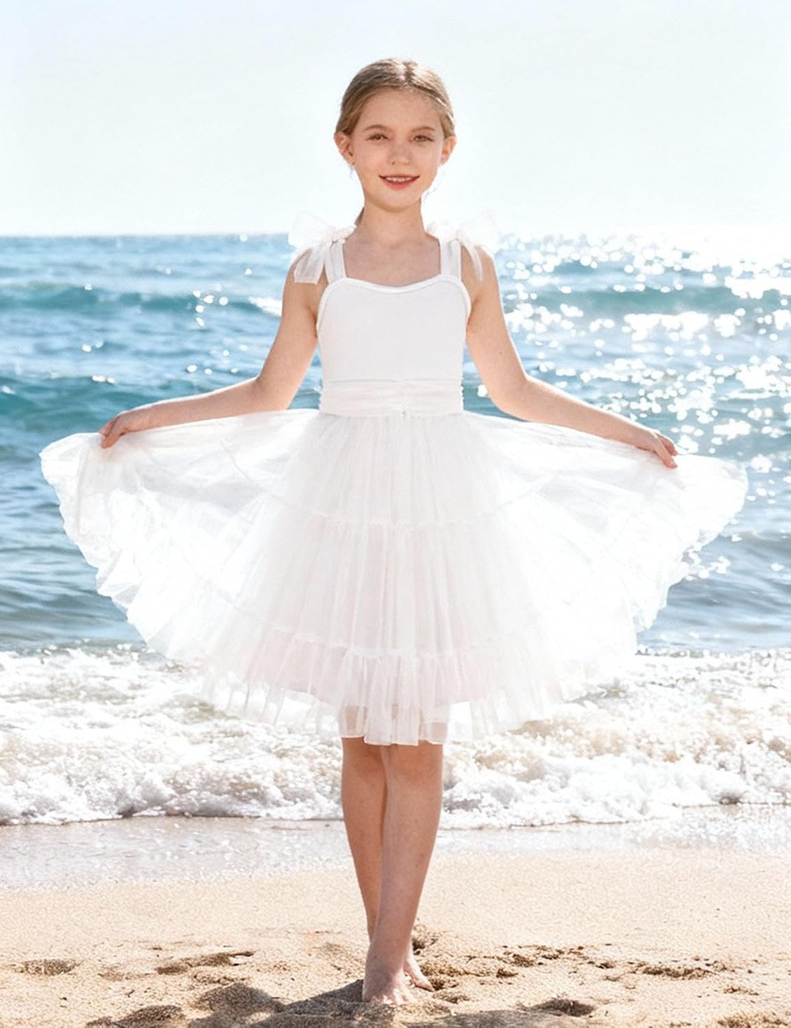 Arshiner Girls Dresses Summer Sleeveless Bow-Tie Straps Formal Fancy Party Birthday Tulle Dress - Image 5