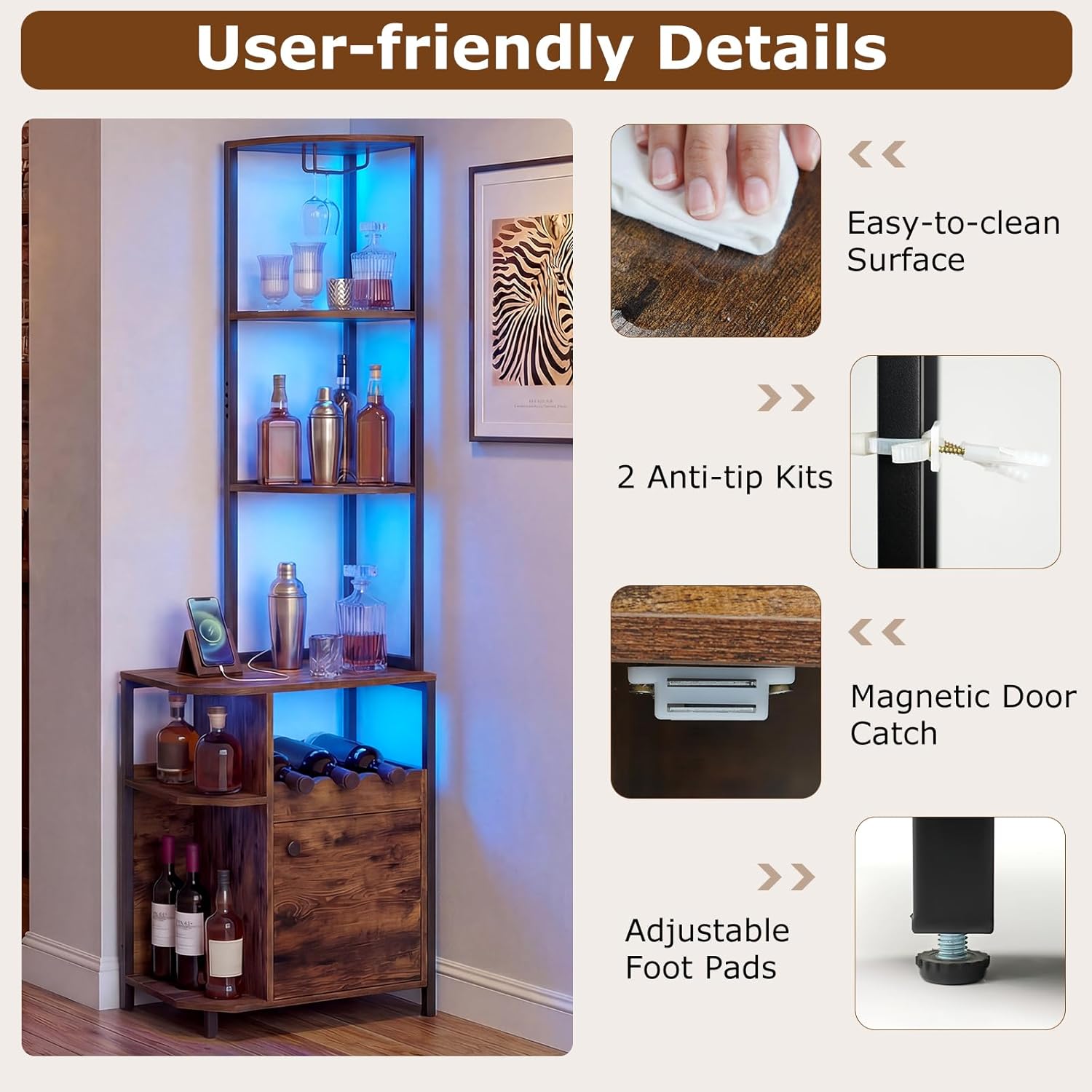 GOFLAME Corner Bar Cabinet with LED Lights & Power Outlet, Glass Holder, Wine Rack, Cabinet, 6-Tier Industrial Wine Cabinet with Door, Corner Storage Cabinet for Liquor, Kitchen, Rustic Brown