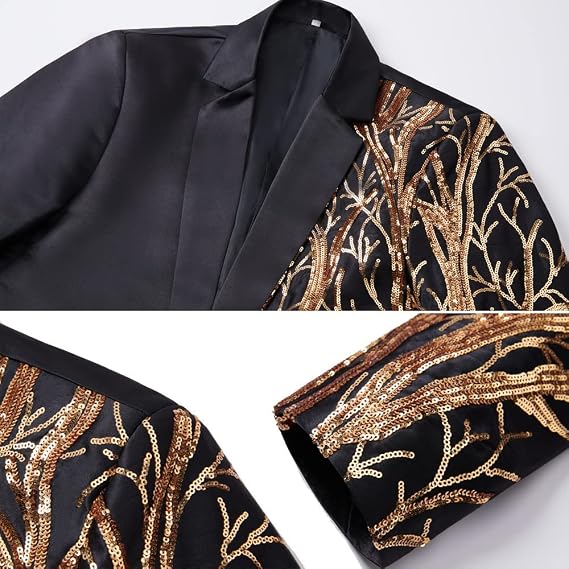 Men Sequin Pattern Slim Suit 2Pcs Blazer Trousers Outfit