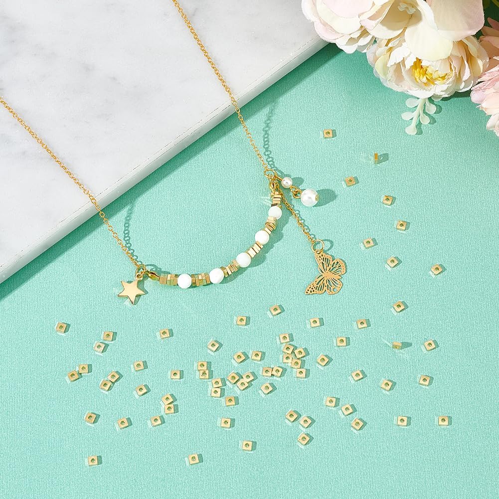 UNICRAFTALE 100Pcs 18K Gold Plated Spacer Beads Flat Round Square Spacer Beads Small Disc Beads Metal Beads Smooth Square Bracelet Beads for DIY Jeweley Making 1.2mm Hole - Image 2