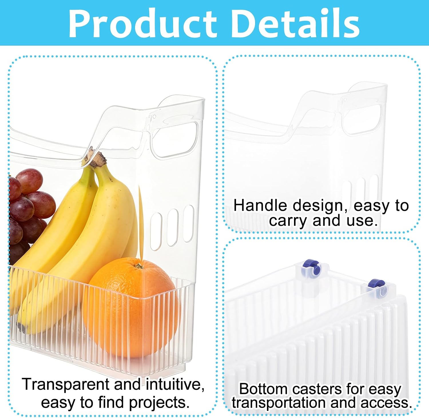 6 Pcs Freezer Organizer Bins with Wheel Clear Plastic Pantry Organizer and Storage Small Size Tall Narrow Kitchen Organization Pantry Organizer Snack Storage Containers for Office Refrigerator