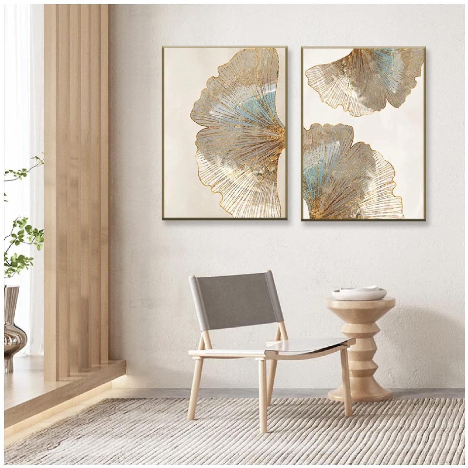 BPA Plamc Abstract Wall Art Geometric Gold Leaf Flower Texture Art Canvas Painting Home Decoration Poster Print Wall Picture For Living Room Wall Decoration,With Frame,40X60Cm*2Pcs