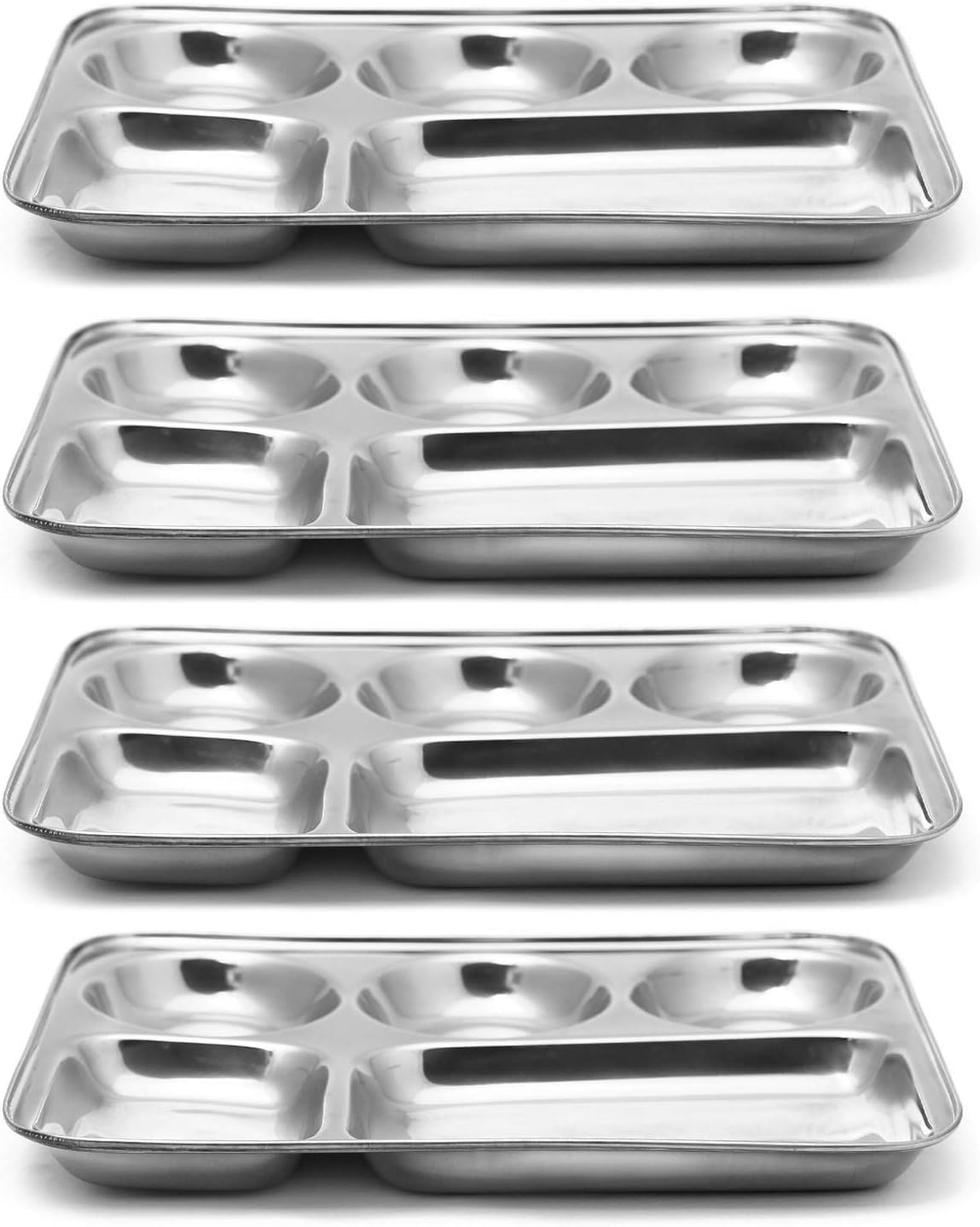 Stainless Steel Dinner Plates - Rectangle Divided Tray - Stainless Sectioned Plates - Compartment Dinner Plates - Divided Kids Plate Set of 4 - Steel Thali Plates - Five in One Sectioned Food Plate