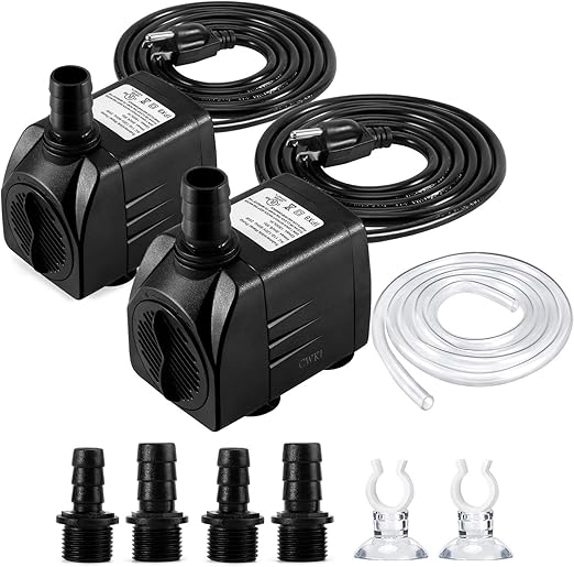 Fountain Pump, 2 Packs 400GPH(25W 1500L/H) Submersible Water Pump, Durable Outdoor Fountain Water Pump with 6.5ft Tubing (ID x 1/2-Inch), 3 Nozzles for Aquarium, Pond, Fish Tank, Water Pump
