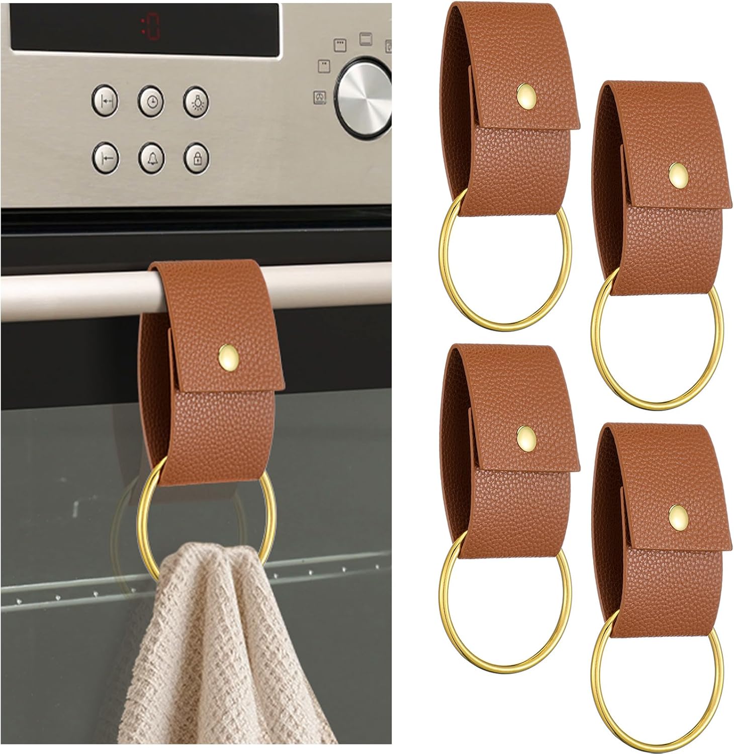 Hoolerry 4 Pcs Leather Metal Towel Ring Holder for Kitchen Rustic Gifts Dish Towel Holder with Loop Oven Door Hanger for Cabinet Stove Home Farmhouse Gift Vintage Bathroom Decor(Brown)