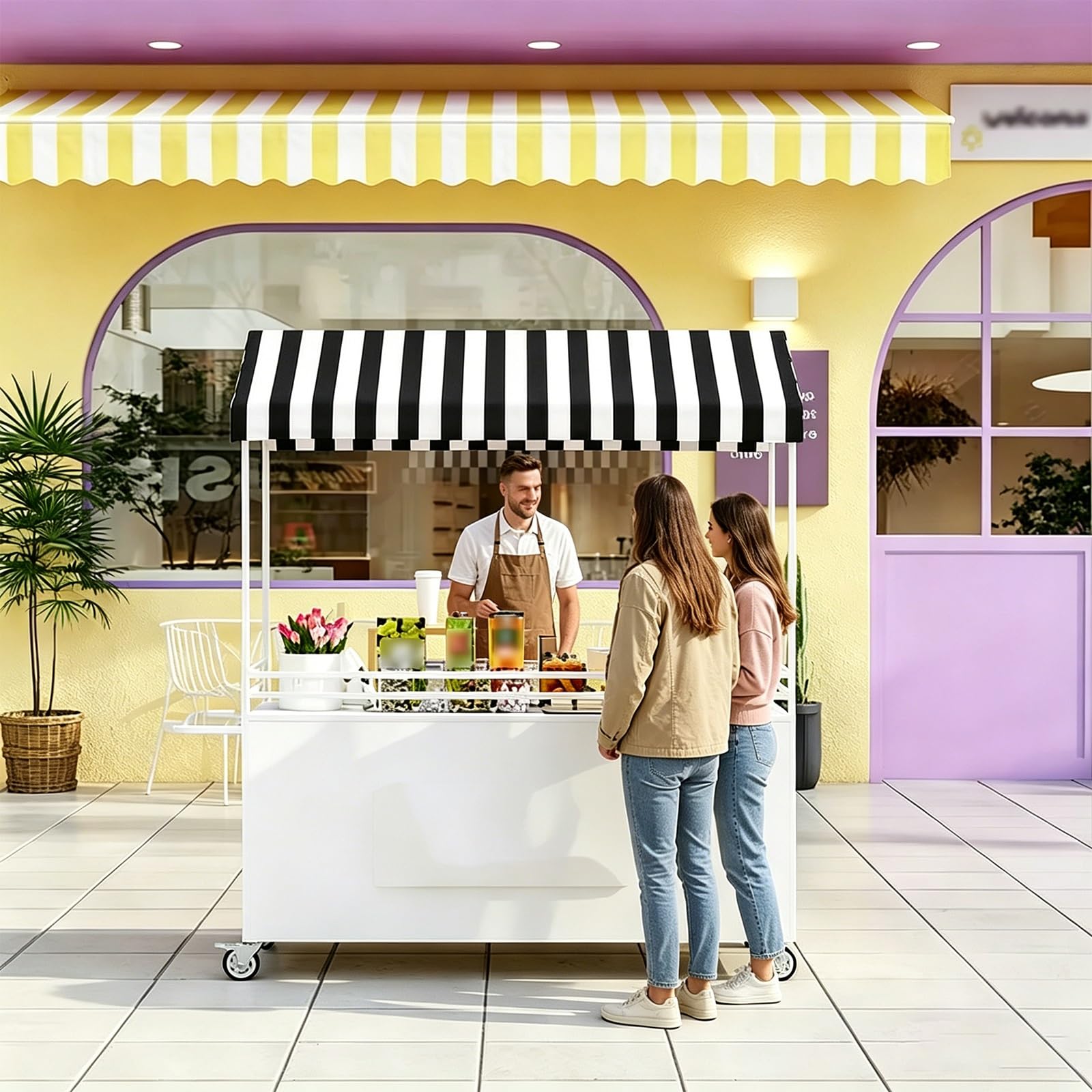 GMBAYUE Portable Vendor Cart with Canopy, Mobile Food Cart, Selling Food Booth Shelf, Vending Stand Kiosk Display Trolley, Vendor's Dessert Stall for Market Street Food & Events(White)