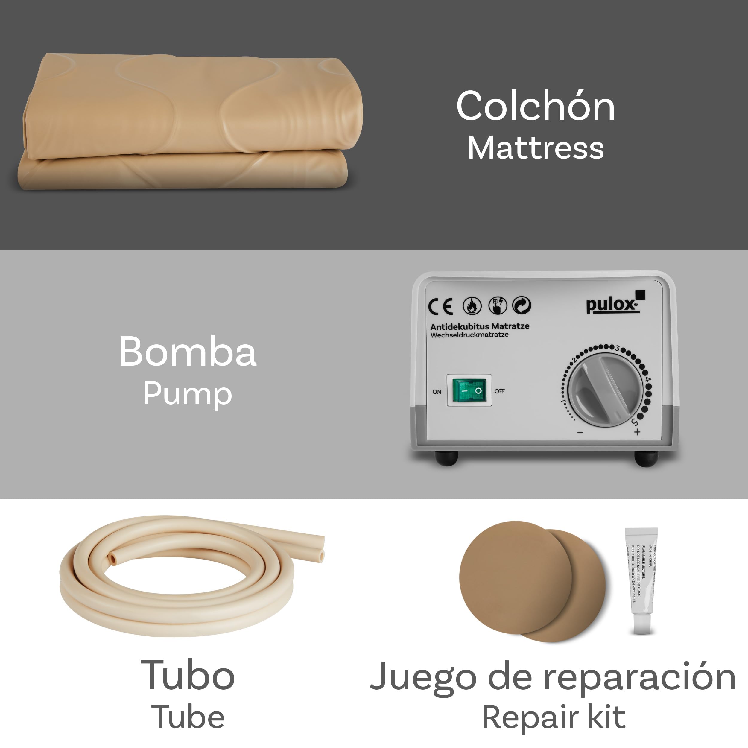 Pulox ADM-130 Colchón Antidecúbito - Soporte de presión alternante con Bomba - Poco Ruidoso y cargable hasta 130 kg - Beige | Silencioso cojín de presión alterna con solo 20 dB, para prevención de escaras, cuidado y almacenamiento a largo plazo