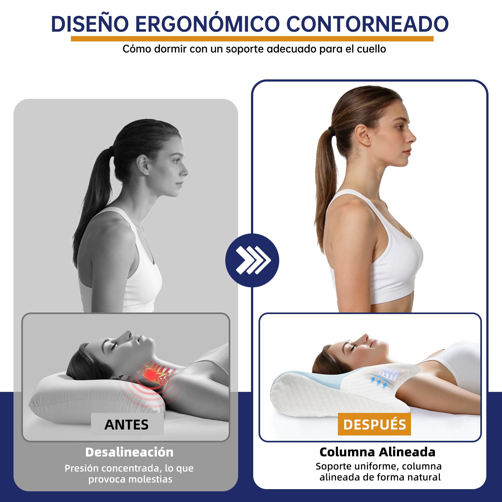 Almohada Cervicales y Cuello 2 en 1, Almohada Ergonómica, Almohada Ortopedica Cervical para Soporte de Hombro/Cuello/Cabeza de Lado, Espalda y Estómago 60x43x14/12cm Azul