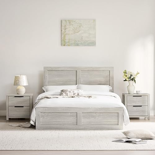 3 Pieces Bedroom Set, Queen Size Wood Platform Bed Frame and 2 Nightstands, Storage Nightstand with Type-C Charging Port, Farmhouse Bedroom Furniture Set