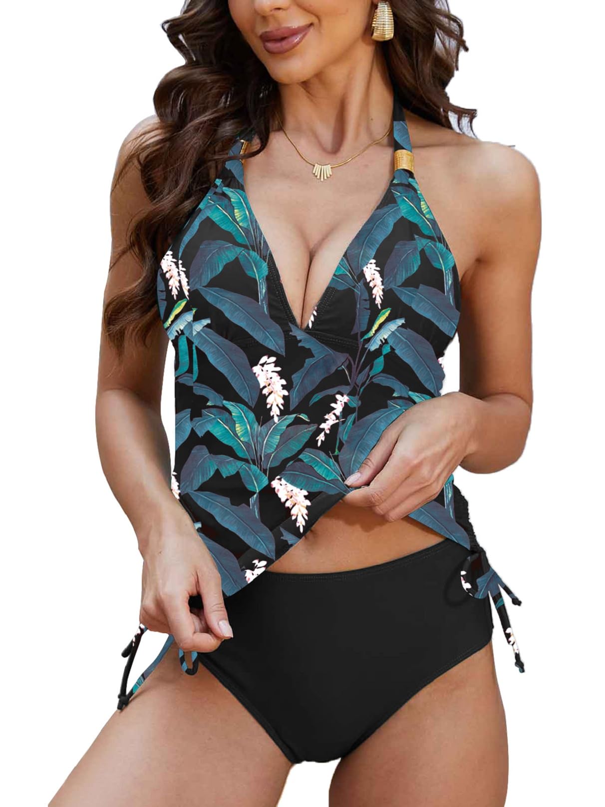 Yutdeng Tankini Mujer Trajes de Baño Bañadores Push Up con Relleno Cuello V Tankini Tops Correas Laterales Vientre Plano Bañador Dos Piezas Mujer Tankinis Tallas Grandes Bikinis
