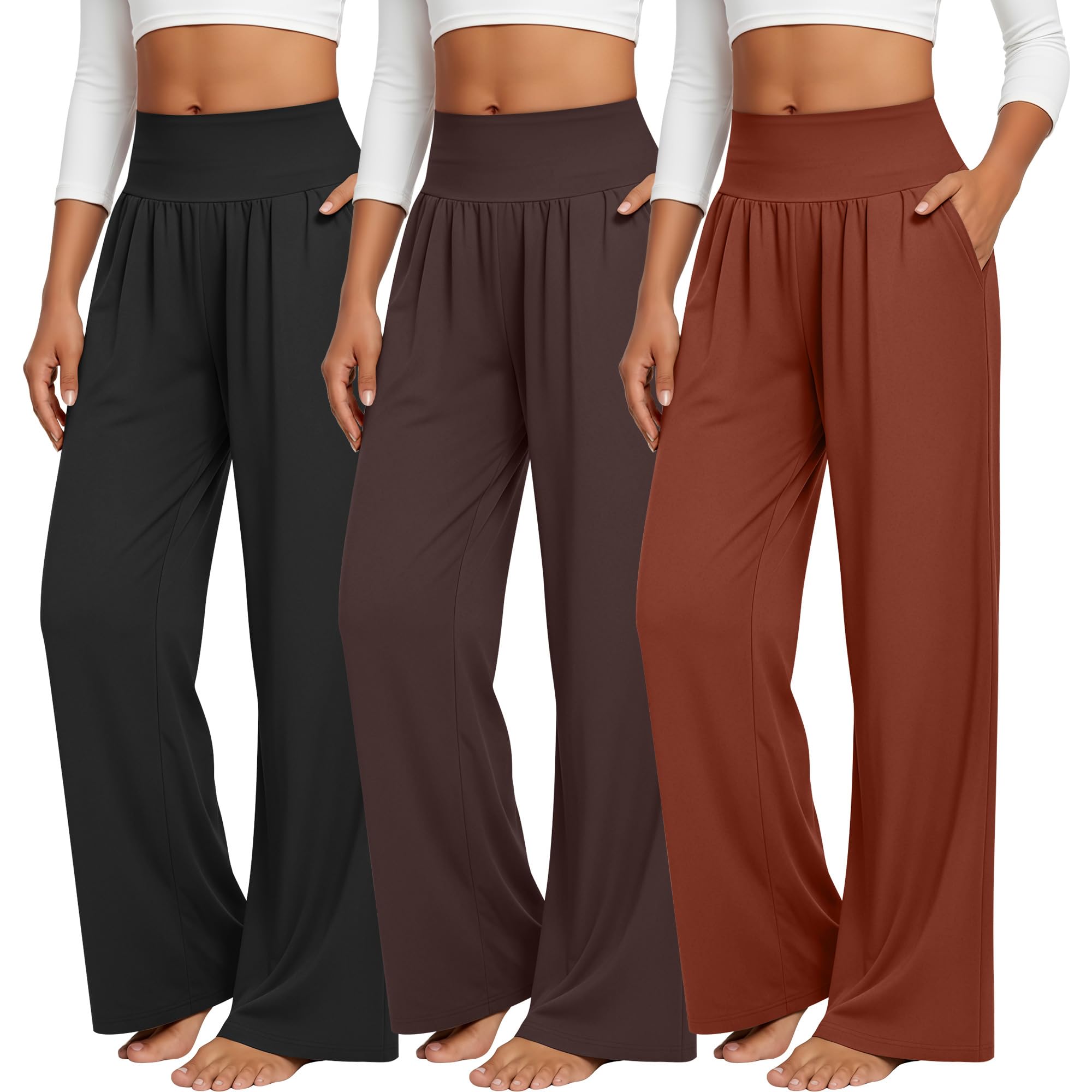 Neer 3er Pack Damen Yogahosen mit Weitem Bein Bequeme Loungewear-Hosen mit Taschen Lockerer Gummibund Offene Hosenbeine