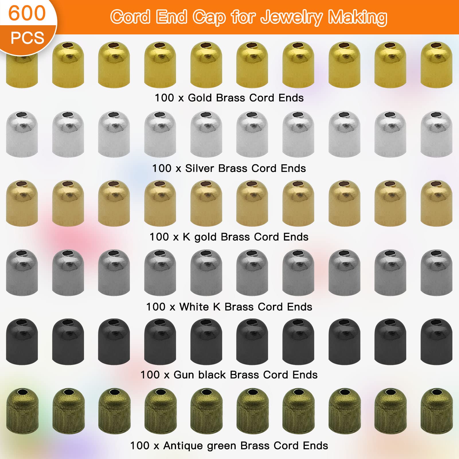 600pcs Brass Tassel Caps, 6 Colors - Leather & Metal Cord End Caps with 1mm Hole Stopper Spacer Beads for DIY Jewelry Making, Bracelet & Necklace Tassel Pendant Making