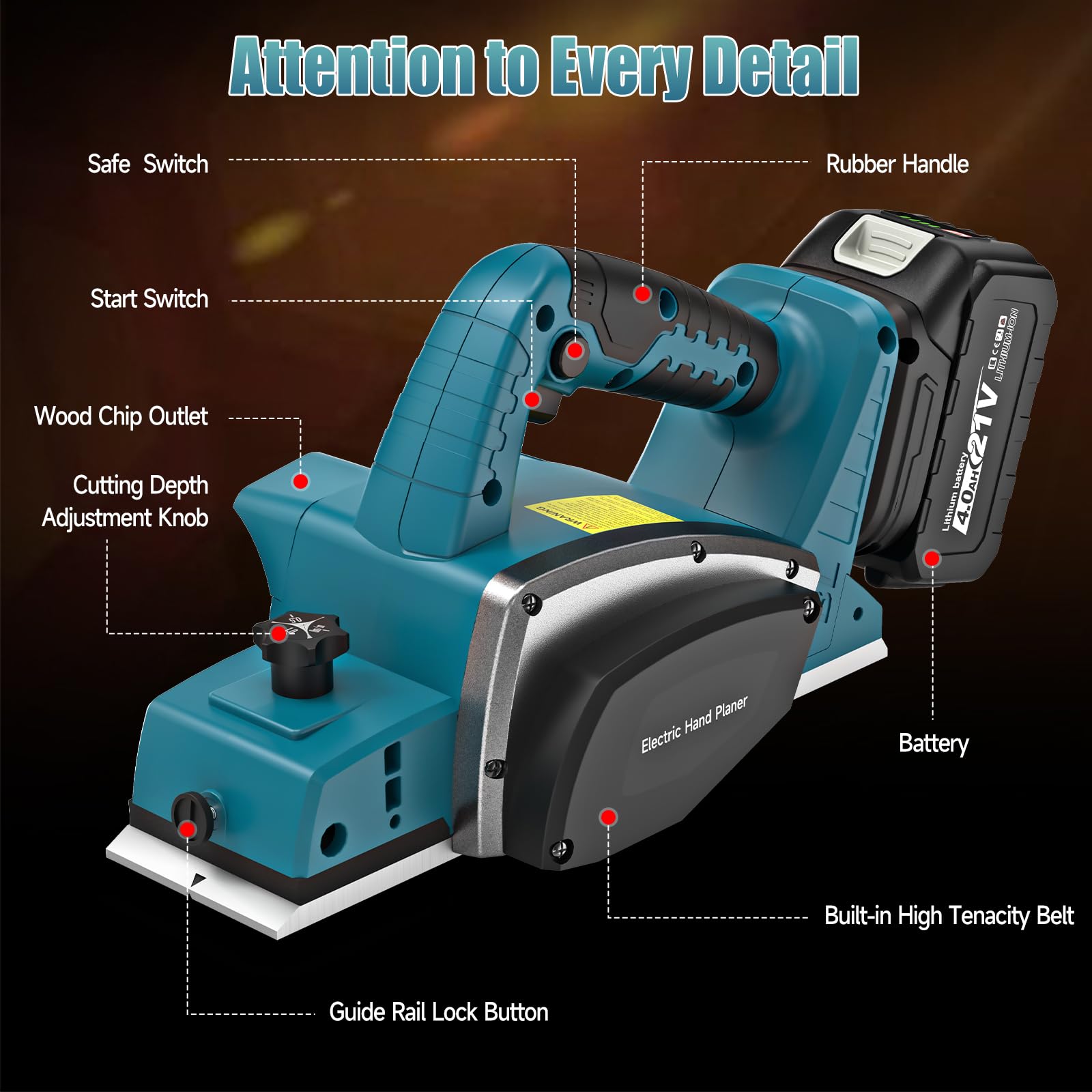Yofuly Pialla Elettrica per Legno per Maa-kita 18V Batteria, 2×4,0Ah Batteria, Piallatrice per Legno –15000Giri/min, Larghezza Taglio 82mm, Profondità Regolabile 0-2mm, per la Lavorazione del Legno