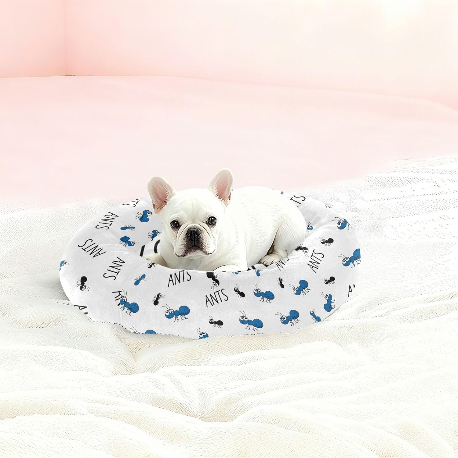 Cute Animal White Pattern Dog Bed Round Donut Washable Puppy Cat Bed Small Pet Medium Dog Beds Mat for Small Medium Dogs Cats,M