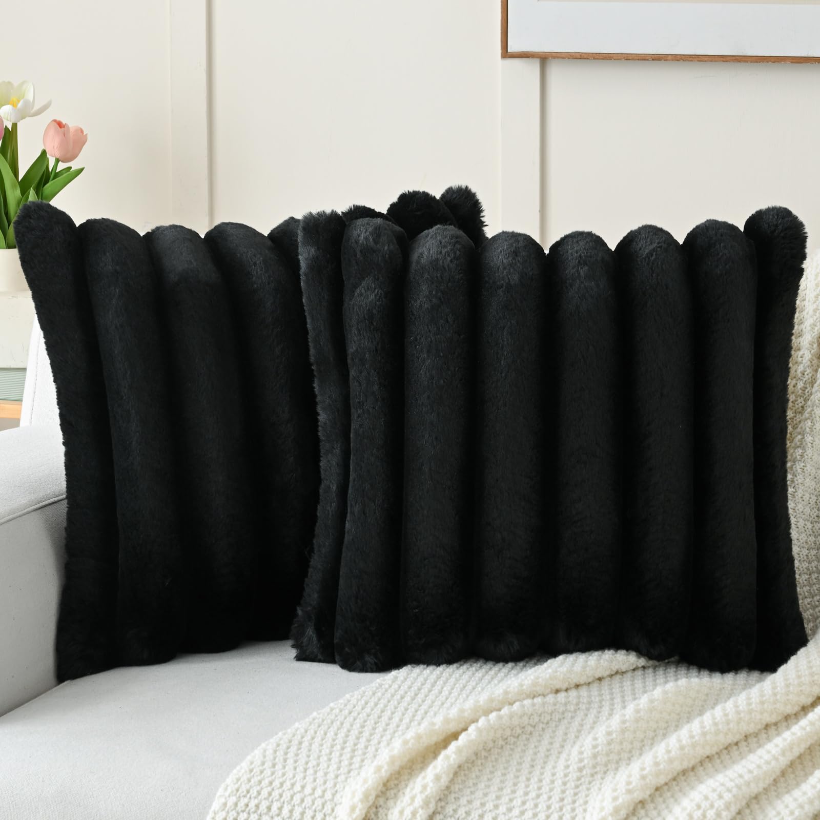 FUTEI Set of 2 Fluffy Faux Rabbit Fur Cushion Covers 40 x 40 cm,Black — image 1