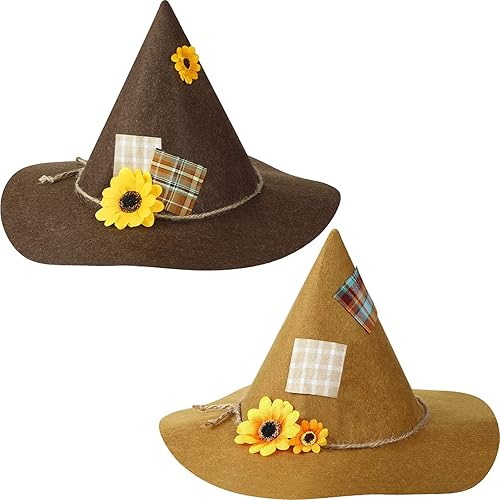 SATINIOR 2 sombreros de espantapájaros de girasol, bruja de fieltro de espantapájaros, sombreros de disfraz para Halloween, cosplay, accesorios de