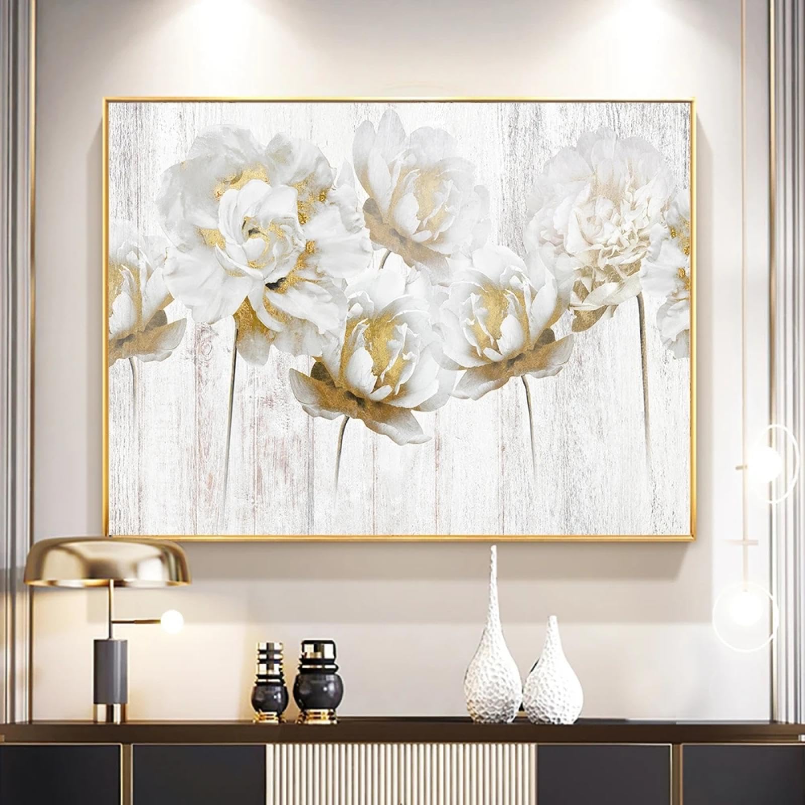 Handgemaltes Ölgemälde Auf Leinwand – Moderne Pfingstrose Mit Goldfolie, Wandfüllende Kunst