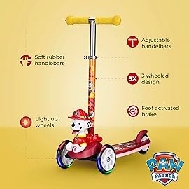 Paw Patrol Marshall Kick Scooter for Kids, Self-Balancing 3 Wheeled Light Up Scooter with Extra Wide Anti-Slip Deck, Rear Brake, for Ages 3 and up, 75 LB Limit